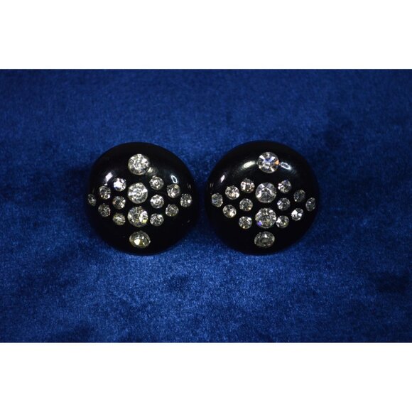 Vintage Black Circle Celluloid Plastic Gemstone Clip On Earrings Rhinestone - Picture 5 of 8